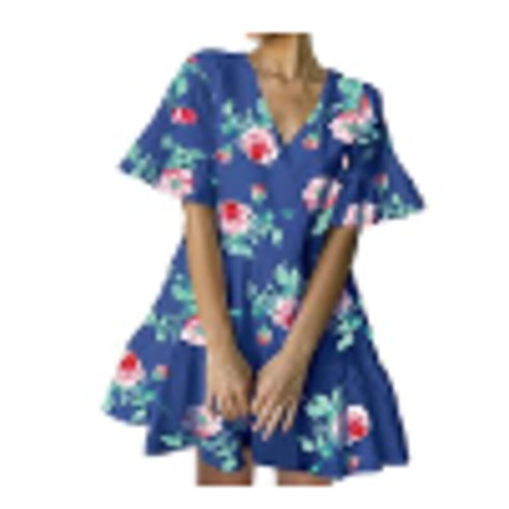 FANCYINN Sz XL V Neck Shift Dress Pockets Bell Sleeve Ruffle Hem Swing Summer